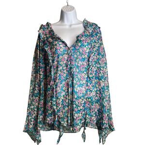 City Chic Women’s Turquoise Floral Peasant Top Size XL/22 Cottagecore Flowy Boho